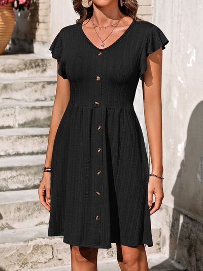 Decorative Button Ruffled V-Neck Dress