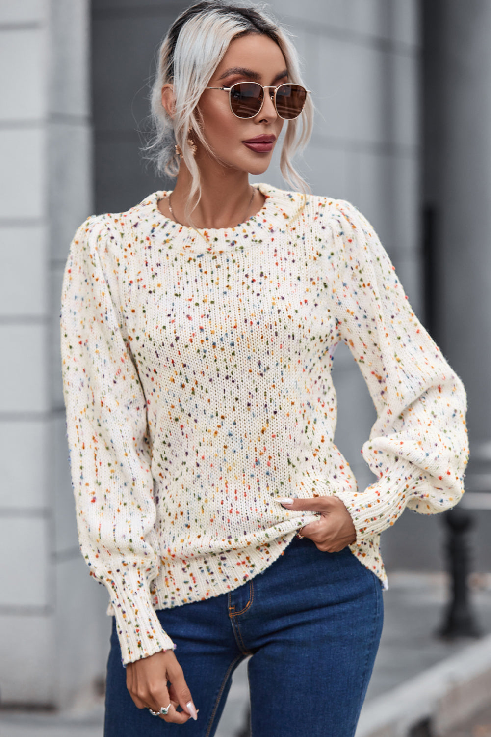 Heathered Round Neck Lantern Sleeve Sweater