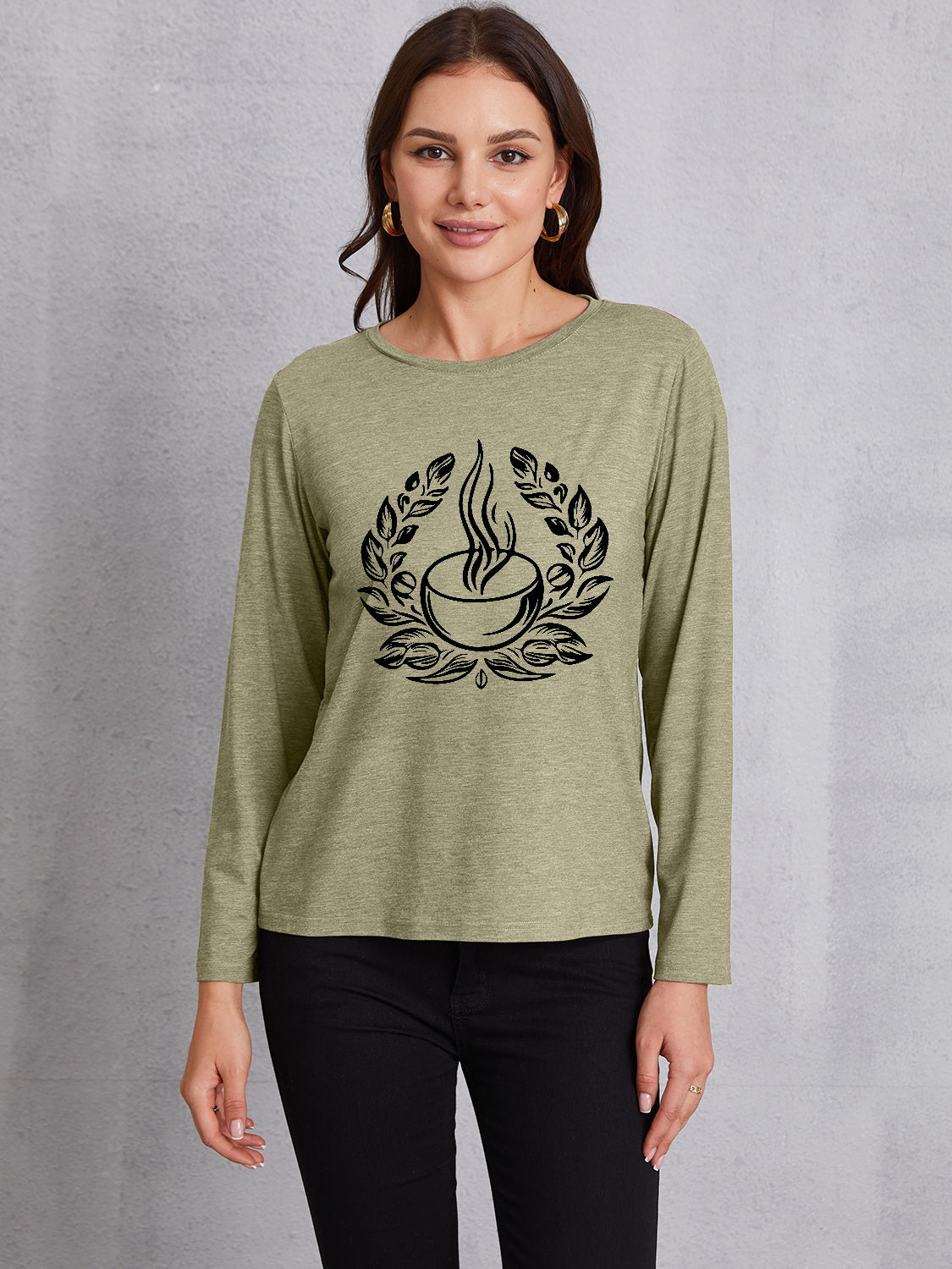 Coffee Graphic Round Neck Long Sleeve T-Shirt