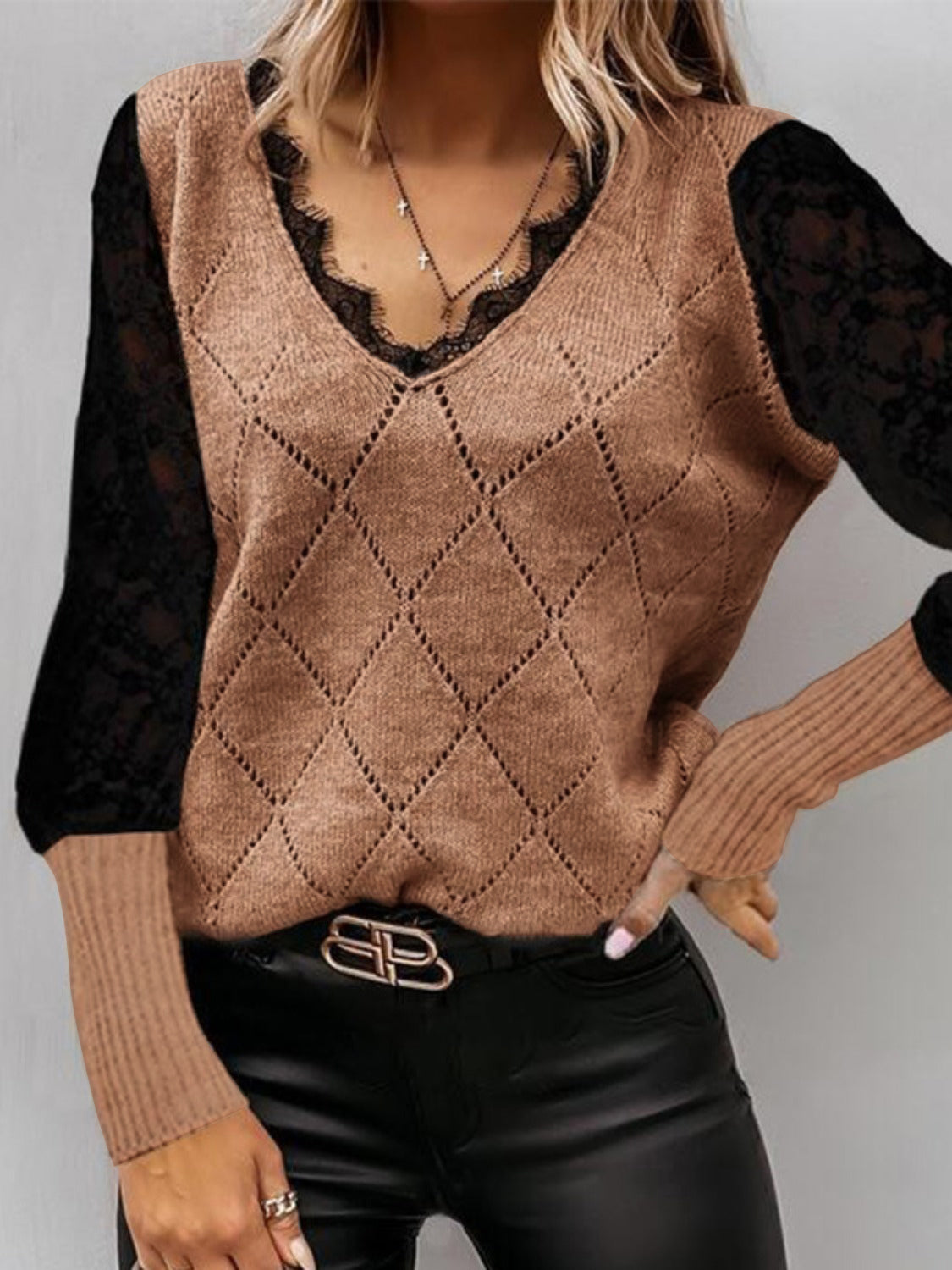 Lace Decor V Neck Two Tone Sweater